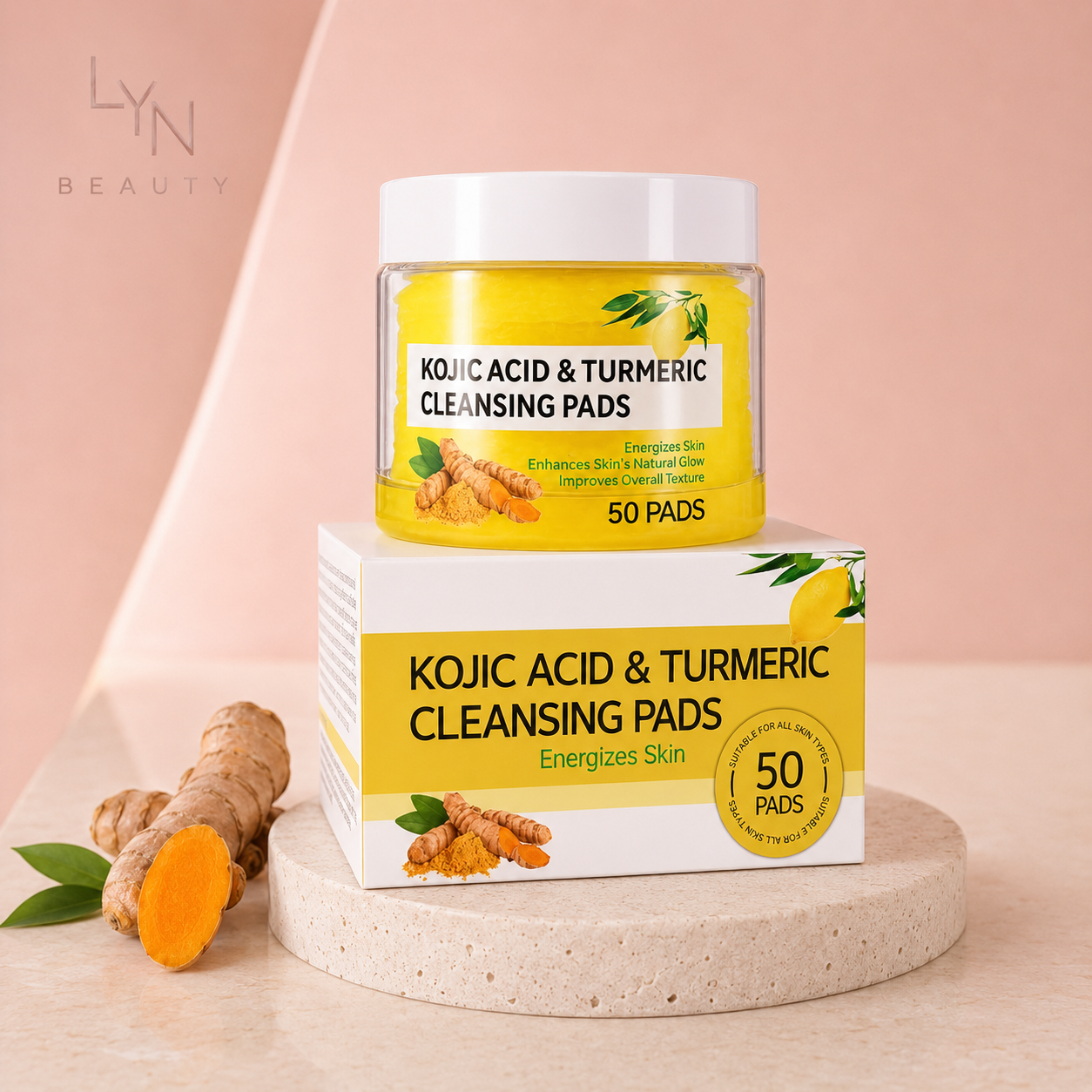 Pads Visage au Curcuma LYN Beauty™ — Pot et boîte de 50 pads